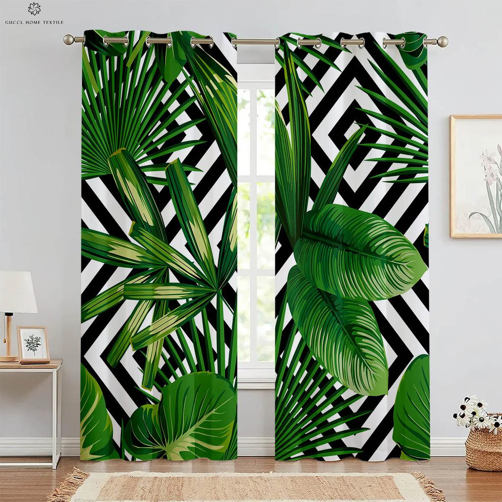 Geometric Green Leaves Tropical Vegetation 3D Printing Curtains, Black and White, Bedroom, Living Room, Window Decoration