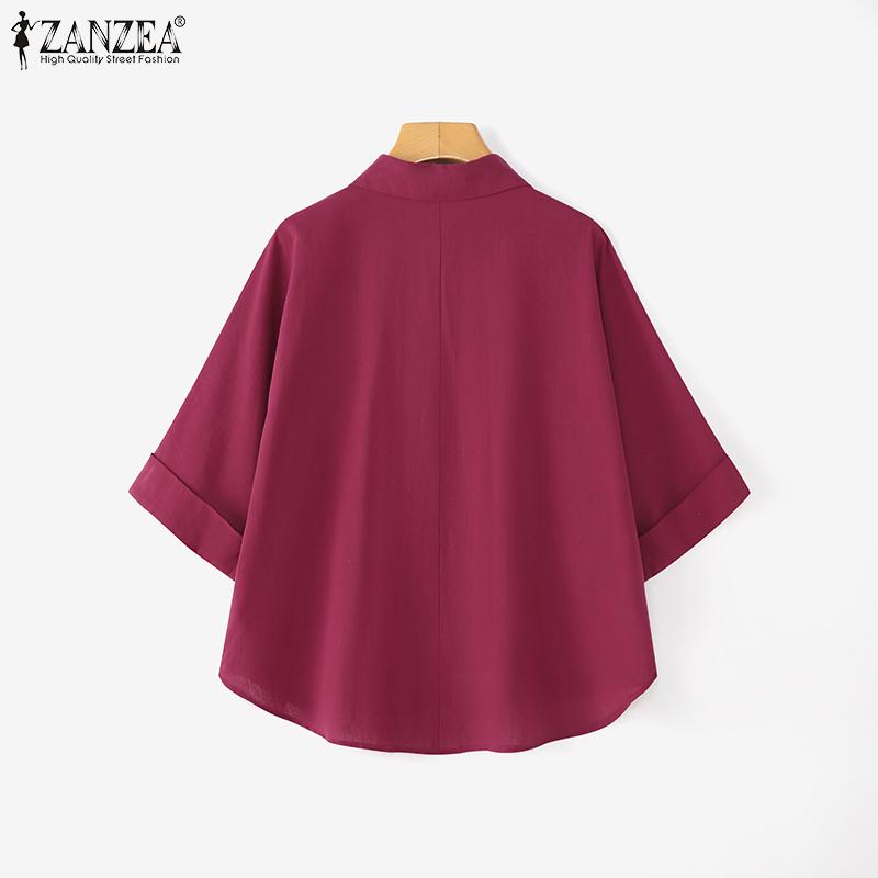 ZANZEA Blusa de Algodón Casual para Mujer con Cuello Vuelto, Manga 3/4 Suelta
