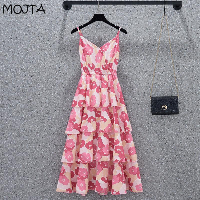 

MOJTA Летняя женская пляжная юбка с v-образным вырезом без рукавов, женское платье трапециевидной формы с цветочным принтом, длинная юбка M розовый