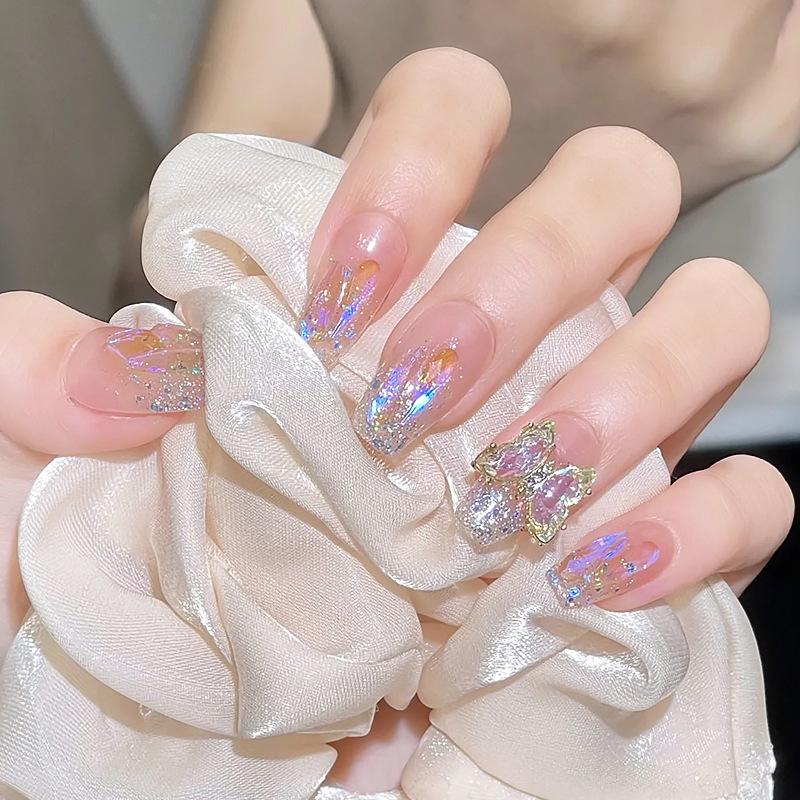 Handmade Press-On Nails – Crushed Diamond Butterfly Glitter Tips Collection