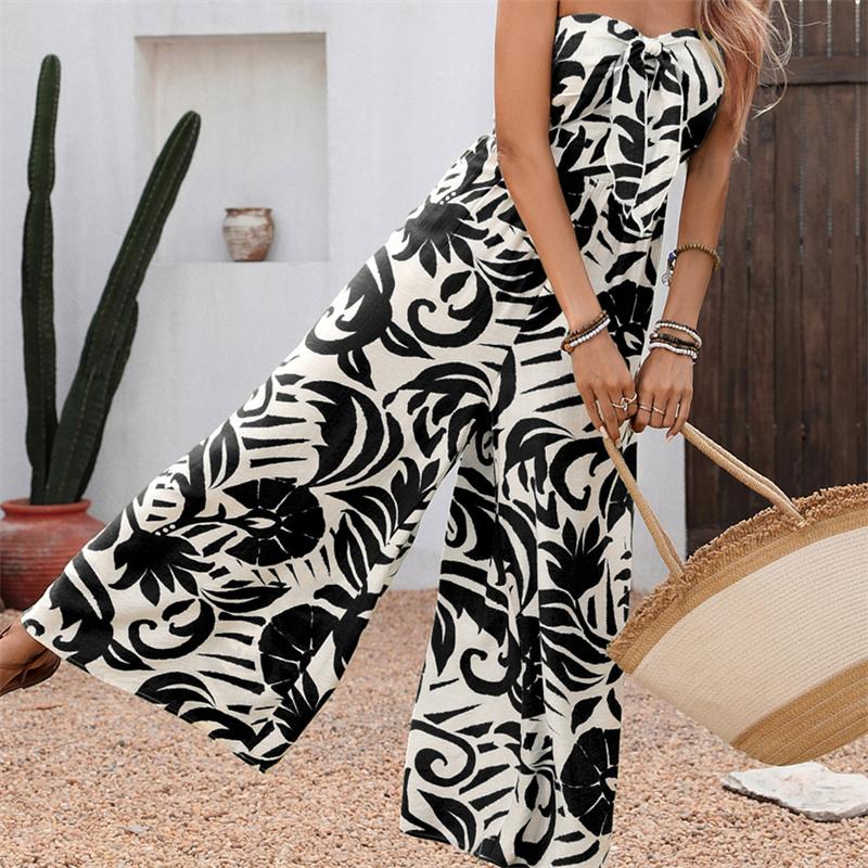 Strapless Fresh Vacation Style Printed Jumpsuit S-XL