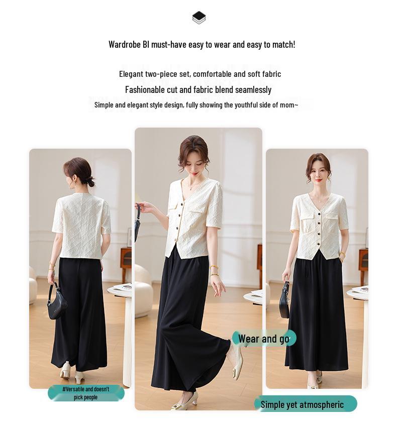 Mom's 2026 Stylish Two-Piece Summer Dress Set: Short-Sleeved Top and Skirt for Middle-Aged Women