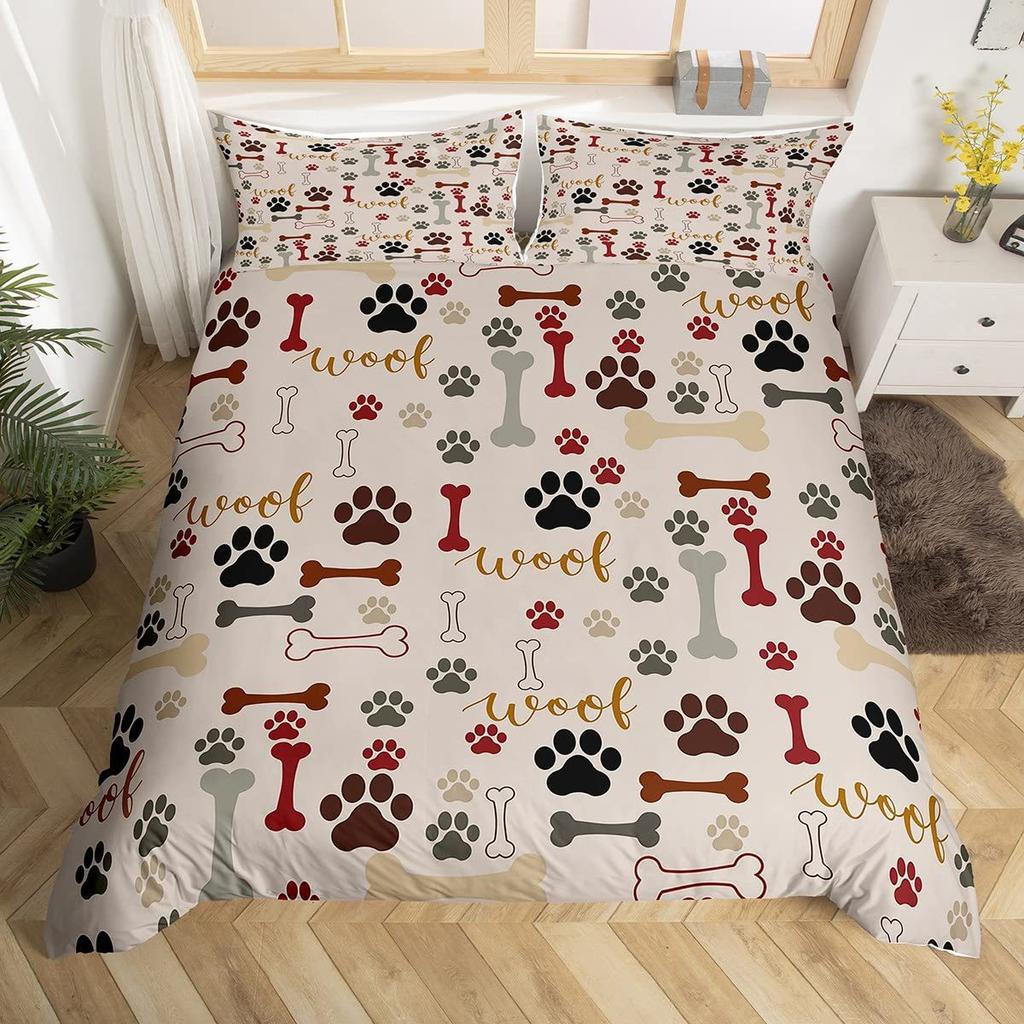 Dog Paw Print Duvet Cover Set Queen Size, Bone Pattern Bedding Set 3pcs For Kids Teens Room Decor, Pet Animals Comforter Covers