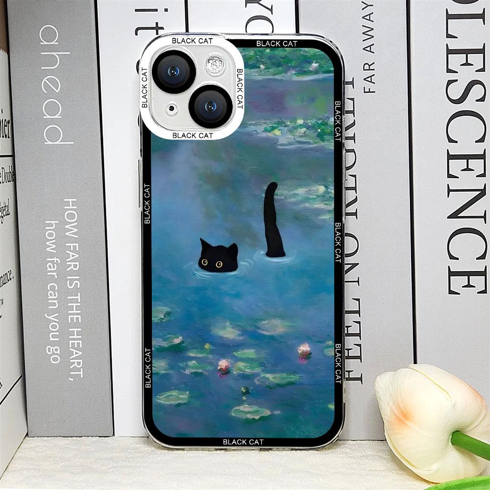 Retro Oil Painting Van-Gogh Flower Art Cat Phone Case for IPhone 16 15 11 13 12 Mini 14 Pro Max 7 8Plus SE X XS Soft Cover Shell