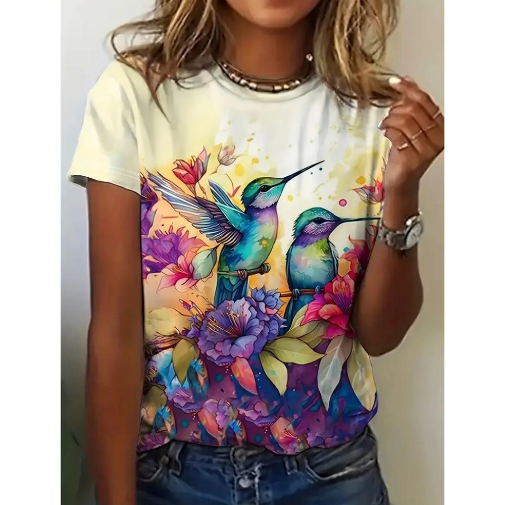 Color Animal Bird 3D Print Women Casual O-Neck Short Sleeve Harajuku Streetwear Y2k Tops