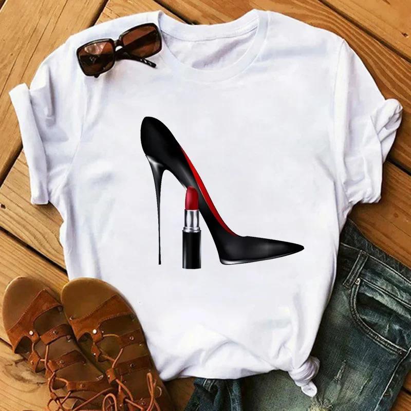 Women's Summer Short Sleeve T-shirt Casual Tops T Shirt Harajuku New Fashion High Heels Personalized Printed