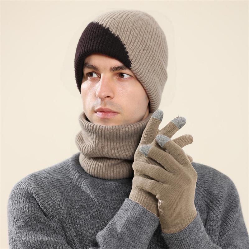 Winter Wool Hat Men Color-Matching Cashmere Knitted Hat Gloves Neck Set Three-Piece Thick Cold-Proof Cap