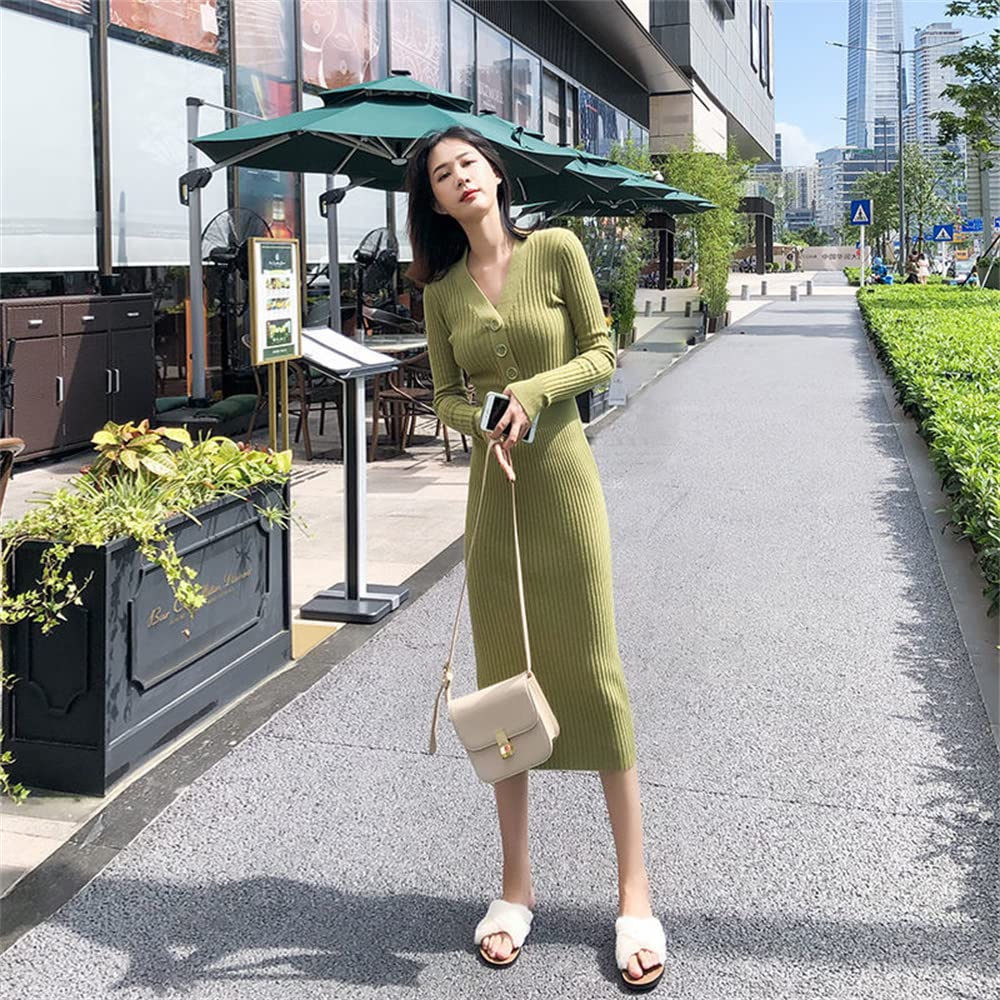 Newsight Knit Tight Long Long Sexy Bodycon Dress Women's Dress, Skirt, Sleeves, V-Neck, Cute, Stylish, Off-the-Shoulder, (Green)