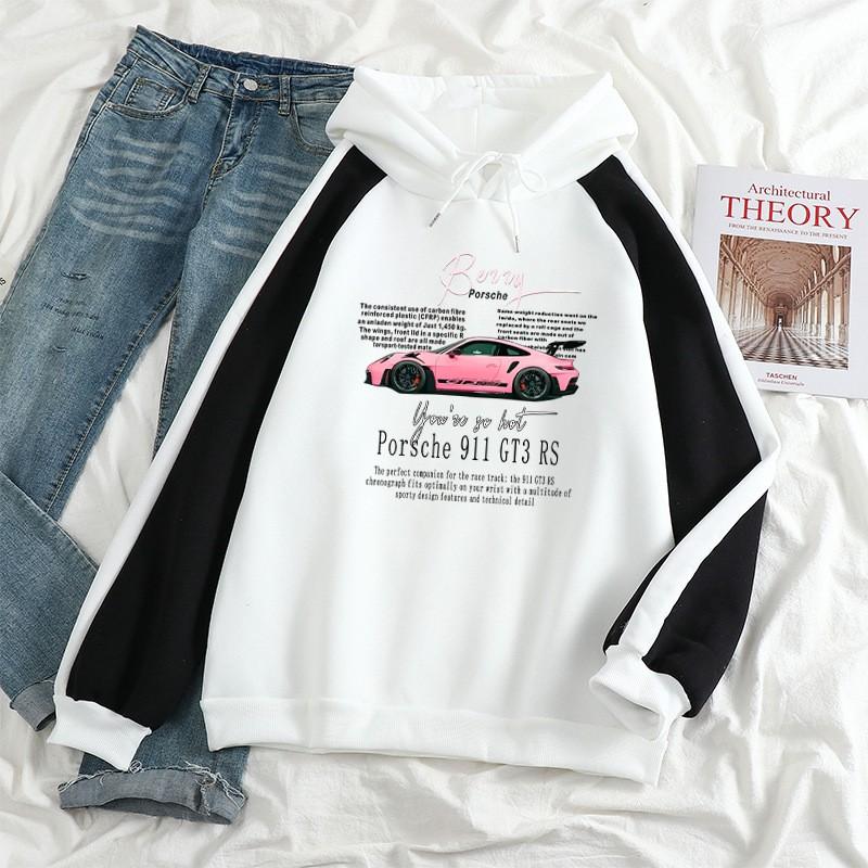 Mens Loose Fit Long Sleeve Hooded Sweatshirt Pink Sports Car Print Casual Top