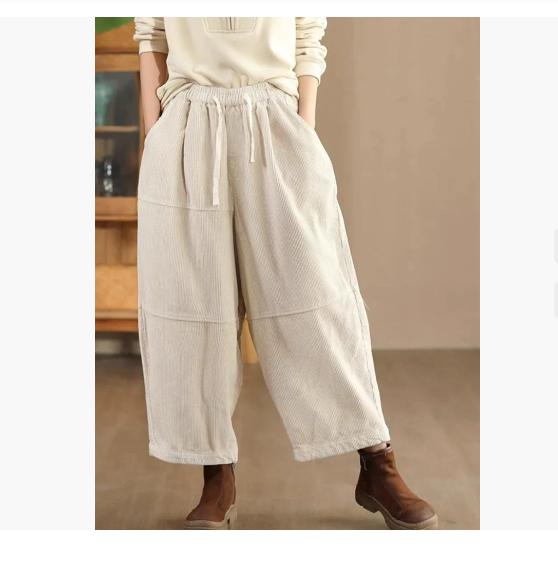 Žena Zimní Vintage Splicing Jednobarevné Bavlněné harémové kalhoty Pružný pas Čínský styl Ležérní kalhoty