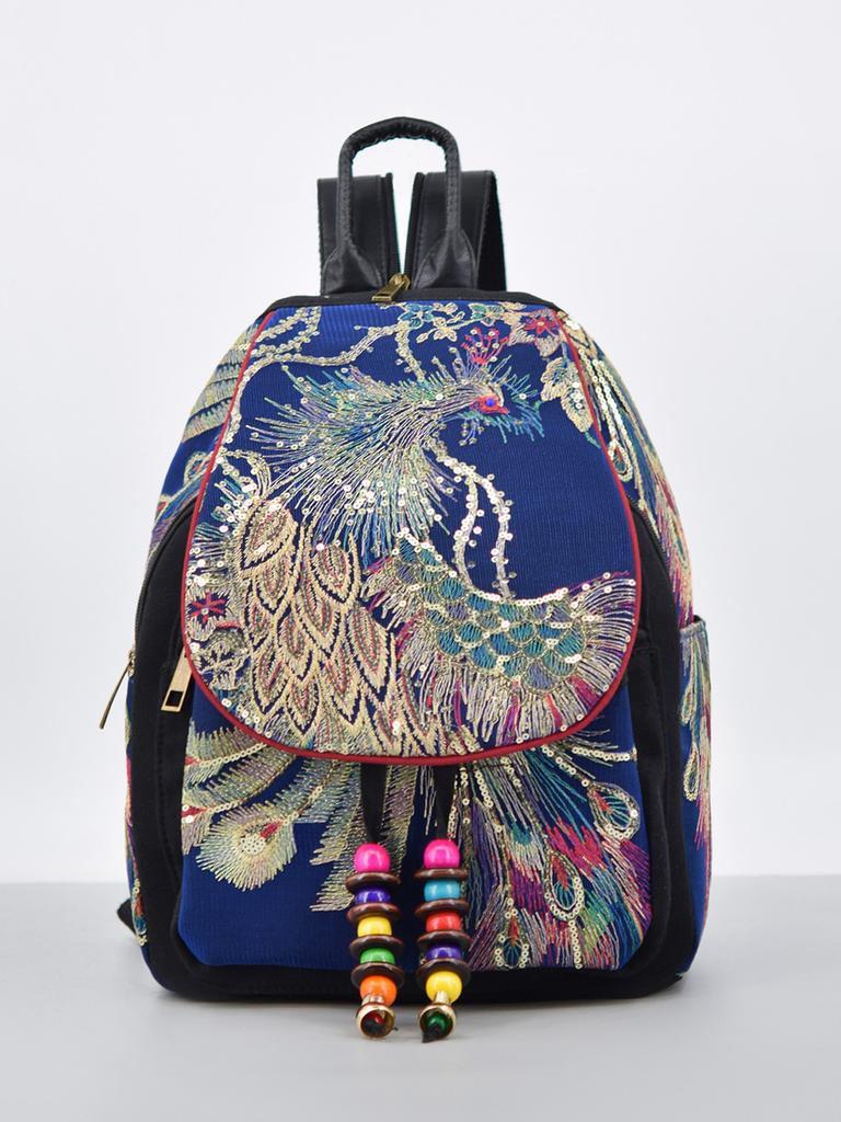 Peacock Embroidery Canvas Backpack With Antitheft Features For Daily Commuting And Outdoor