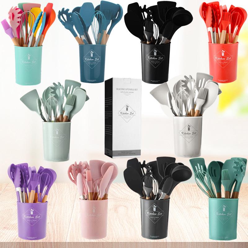 Conjunto Utensílios de Cozinha de Silicone Colorido de 11 Peças com Cabos de Madeira