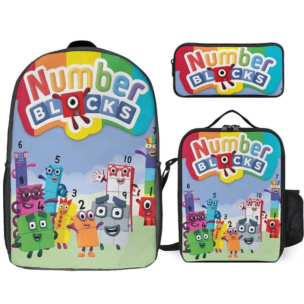 Digital Building Block Backpack Numberblocks Student Schoolbag Cartoon Backpack Satchel Pencil Case Three-Piece Set