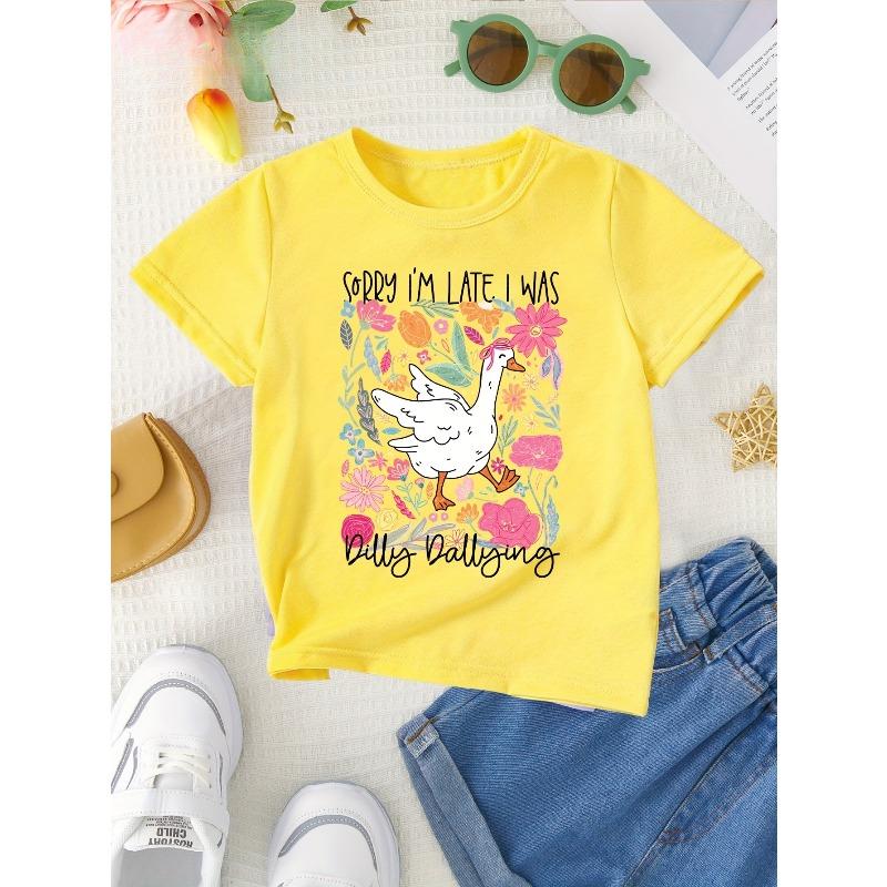 European Sizes Girl SORRY I'M LATE I Was Procrastinating Fashionable T-Shirt with Big White Goose And Floral Print