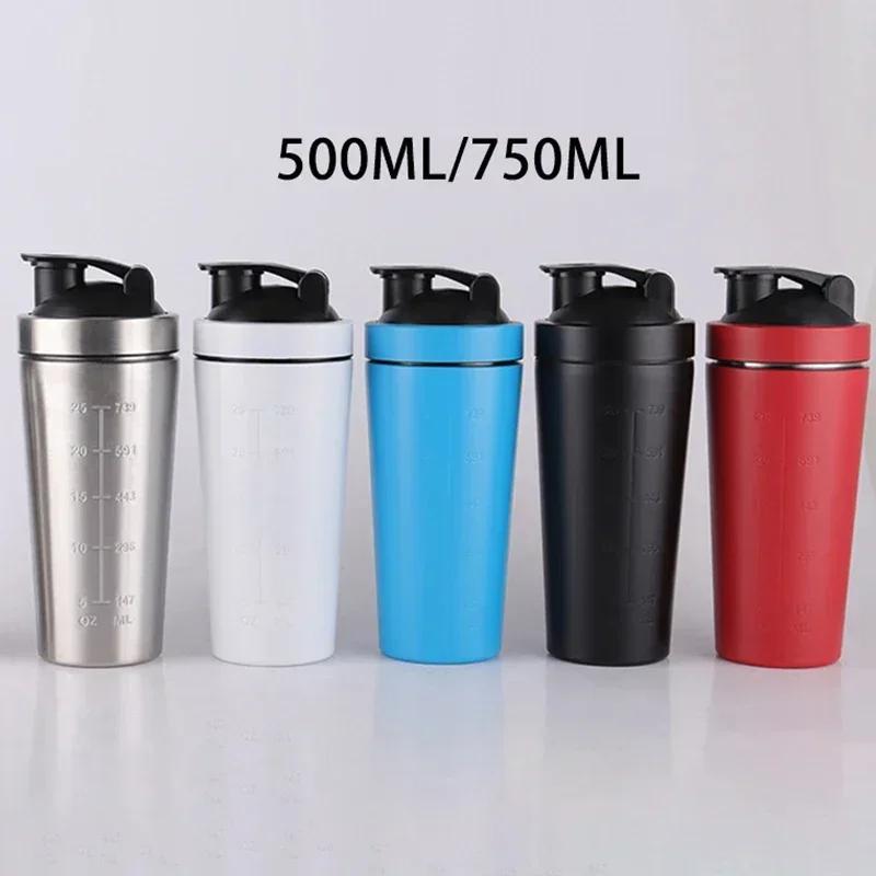 Protein Powder Shaker Bottle 500/750ml Leak Proof Water Bottle for Gym Fitness Sport Whey Shakes Cup with Scale Stainless Steel