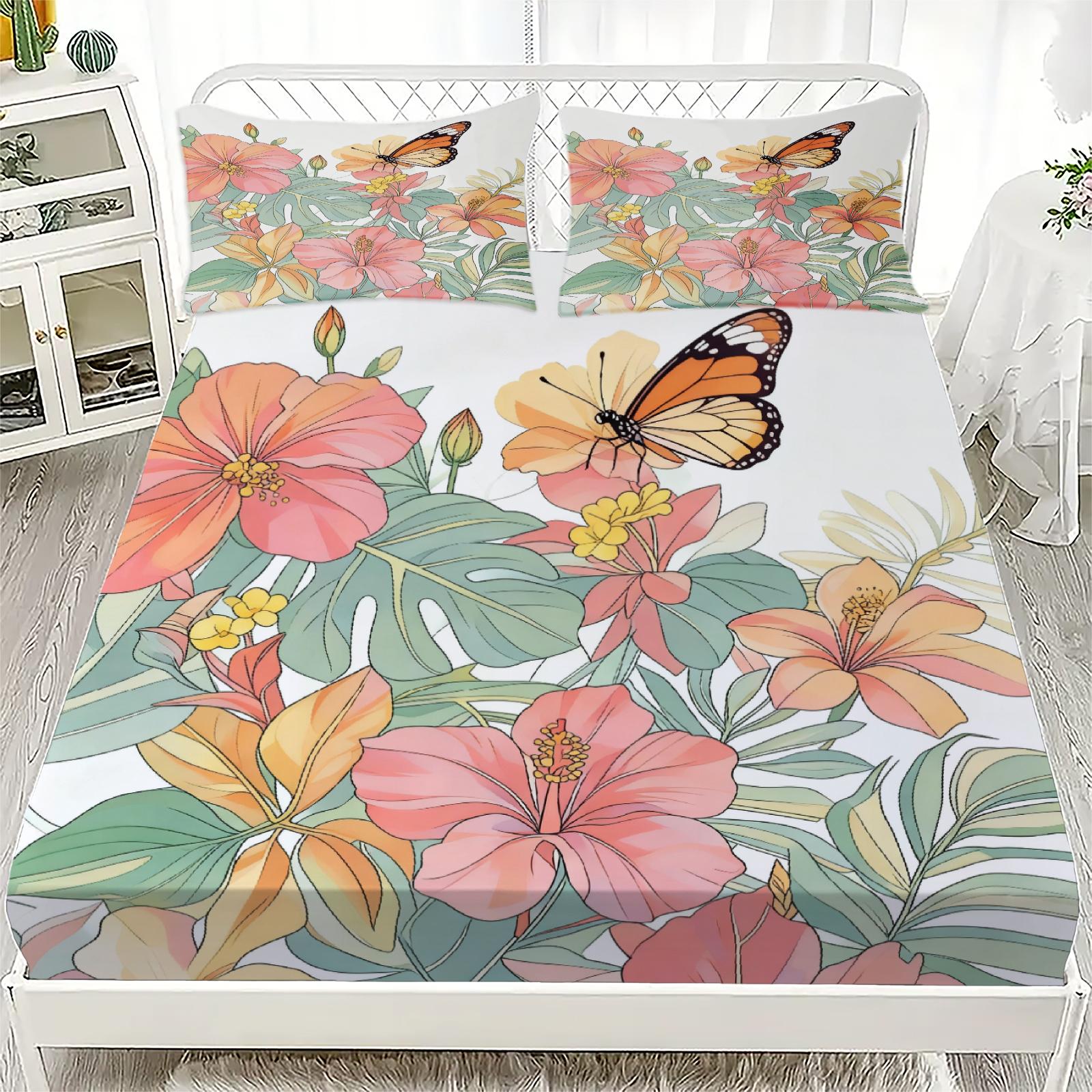 

3pcs Flat Sheet Sets 3D Printed Watercolor Floral Butterfly Fitted Sheet With 2 Pillowcases Dormitory Bedroom For Students Girls 160x200x25cm