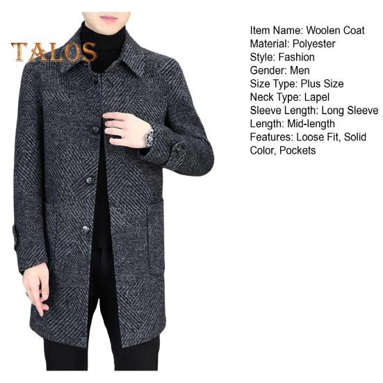Men Woolen Coat Lapel Long Sleeve Single Breasted Mid-Length Overcoat with Pockets Casual Daily Wear