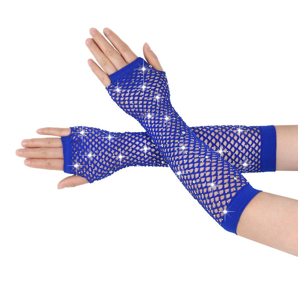 Guantes de diamante para fiesta, red de pesca, guantes de malla elástica, guantes largos sexys de diamante para discoteca retro