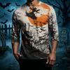 Men's Casual Halloween Print Crew Neck Three Quarter Sleeve T Shirt with Witch Bat and House Graphic for Holiday Theme