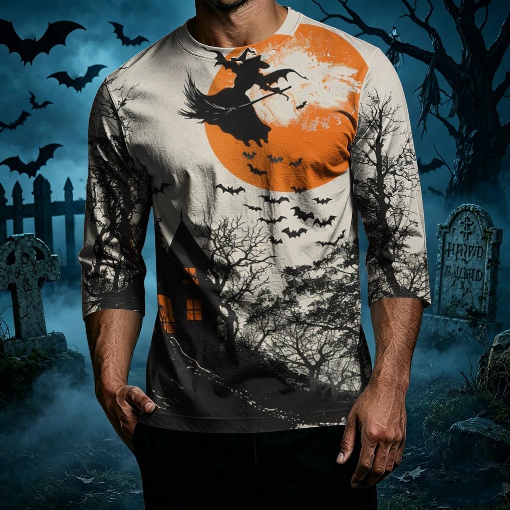 Men's Casual Halloween Print Crew Neck Three Quarter Sleeve T Shirt with Witch Bat and House Graphic for Holiday Theme