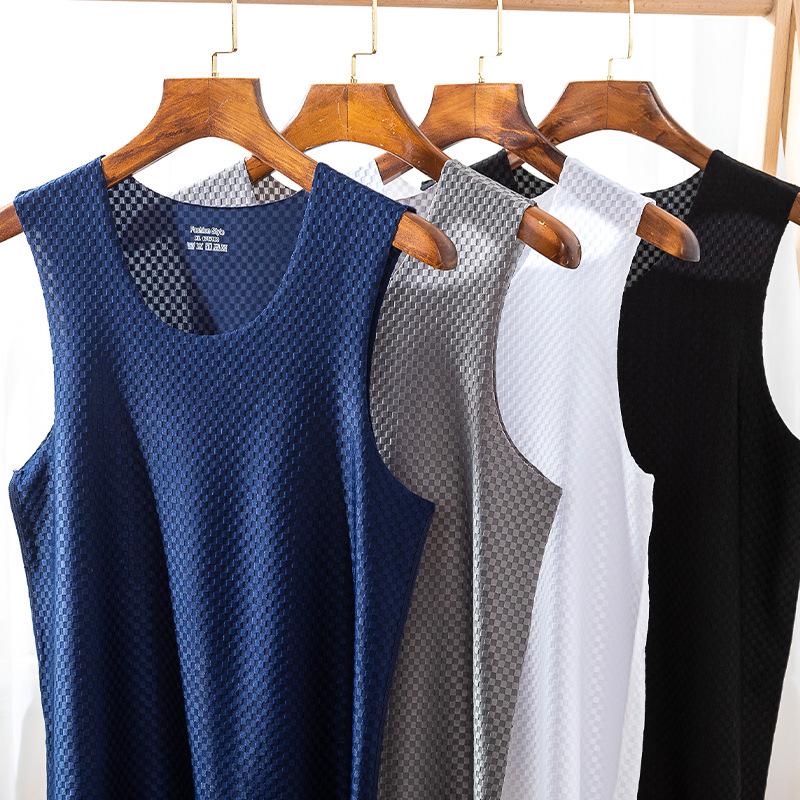 Men's Plaid Ice Silk Sleeveless Quick-Dry Tank Top - Breathable, Seamless Sports Fitness Undershirt for Summer.
