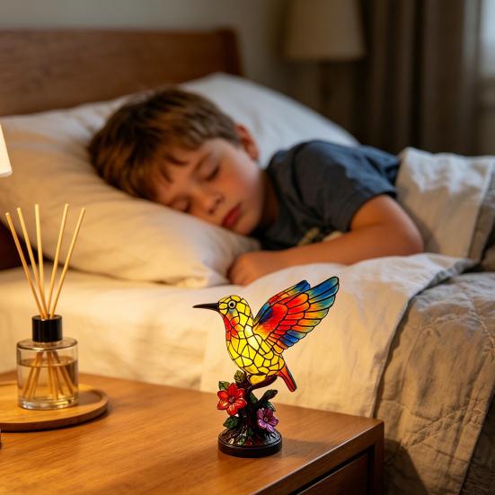 Handmade Stained Glass Bird Night Light, Hummingbird Floral Table Lamp, Vintage Resin Decorative Bedside Lamp for Bedroom, Living Room, Nursery