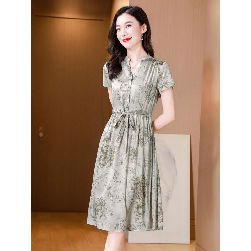 Summer Silk Dress Printed Elegant Intellectual Lace-up Waist Mulberry Silk Short-sleeved Dress