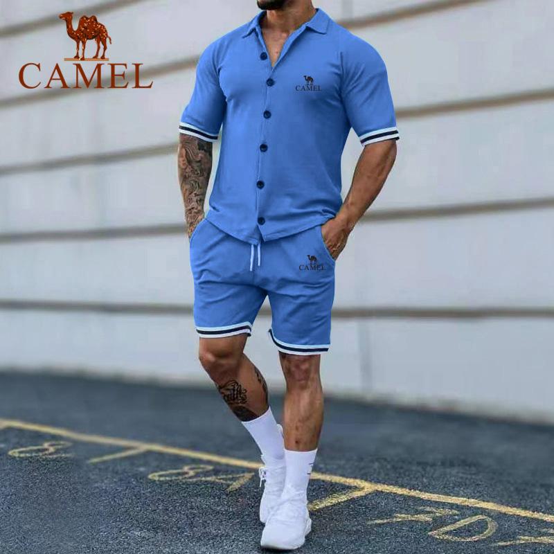 Camel Summer Embroidered Men's Trendy Solid Color Polo Cardigan Casual Short Sleeve Shorts Set Plus Size Set