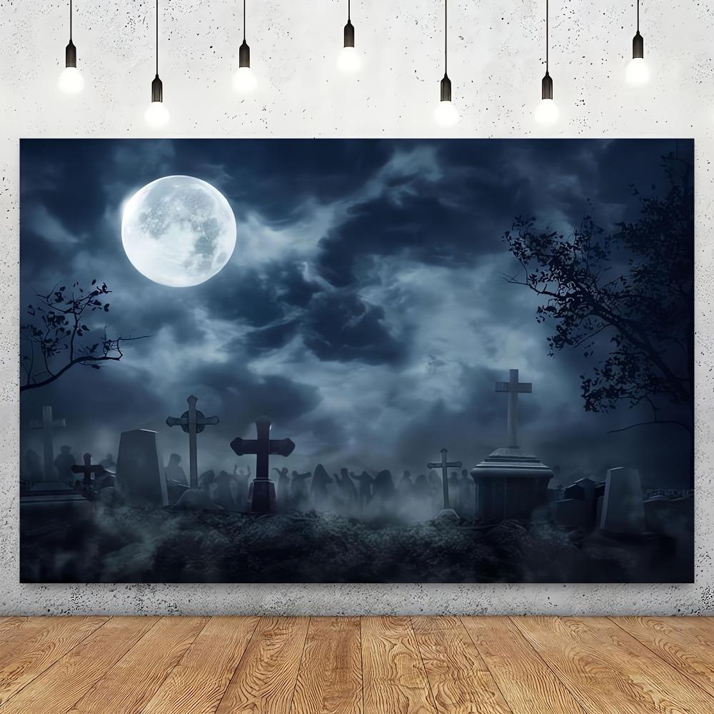 Background Full moon spooky dark night Cemetery Halloween Background Zombie party Background Halloween party banner 150X130CM чёрный