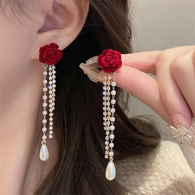 Wine Red Flocking Bow Pearl Tassel Earrings For Women Elegant Trending Luxury Red Rose Flower Long Tassel Earrings Jewelry Gifts