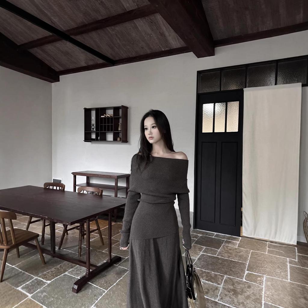 2026 Elegant One-Shoulder Korean Dress: Women's Spring/Autumn Lazy Style Full Set