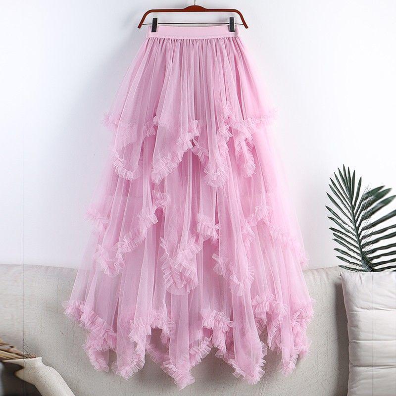 Women's 2024 Summer High-Waist Mesh A-Line Ruffled Skirt - Irregular Mid-Length Niche Style