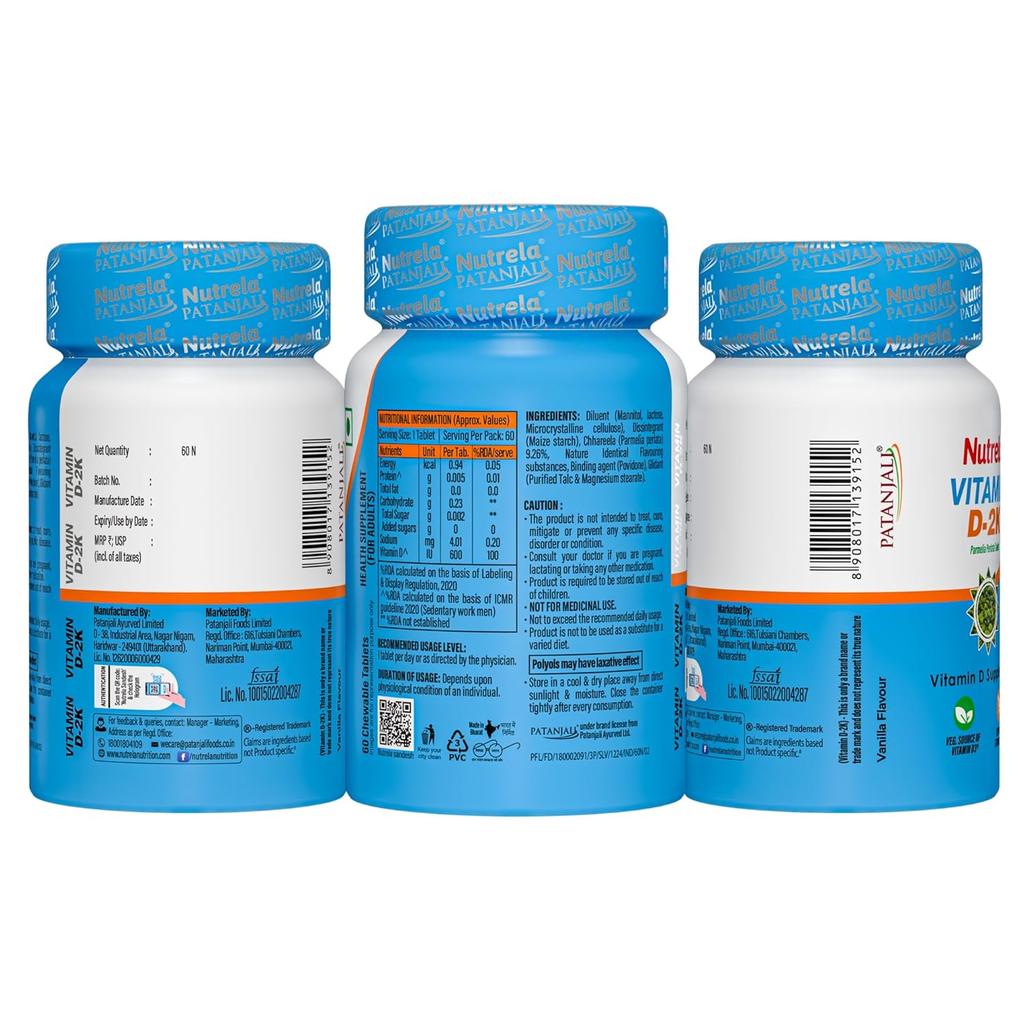 Nutrela VIT D2K Chewable Tablets 60 Pack Plant-Based Vitamin D3 for Strong Bones & Wellbeing