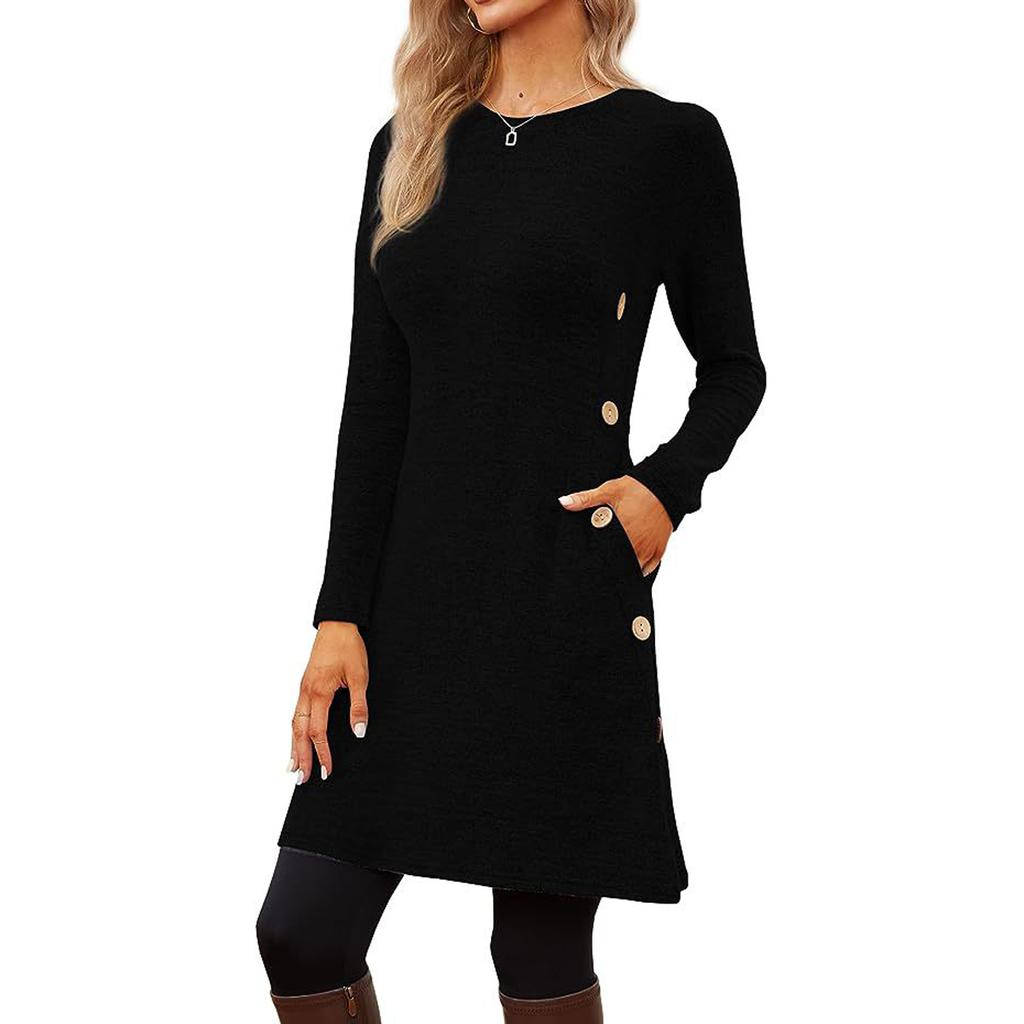Women's Casual Round Neck Hem Slit Long Sleeve Dress