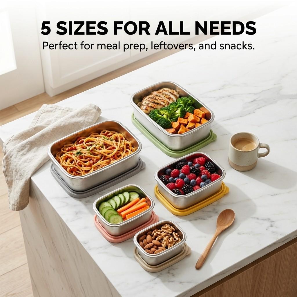 304 Stainless Steel Food Container Stackable Refrigerator Sealed Fresh-Keeping Box Fruit Vegetable Storage Box Microwave Safe