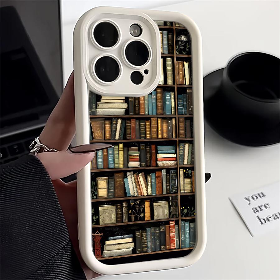 Phone Case for IPhone 18 16 15 Pro Max 13 12 11 Pro 14ProMax 16Plus 12Pro 16e 13Pro Soft Cover Shell Vintage Bookshelf Kitten