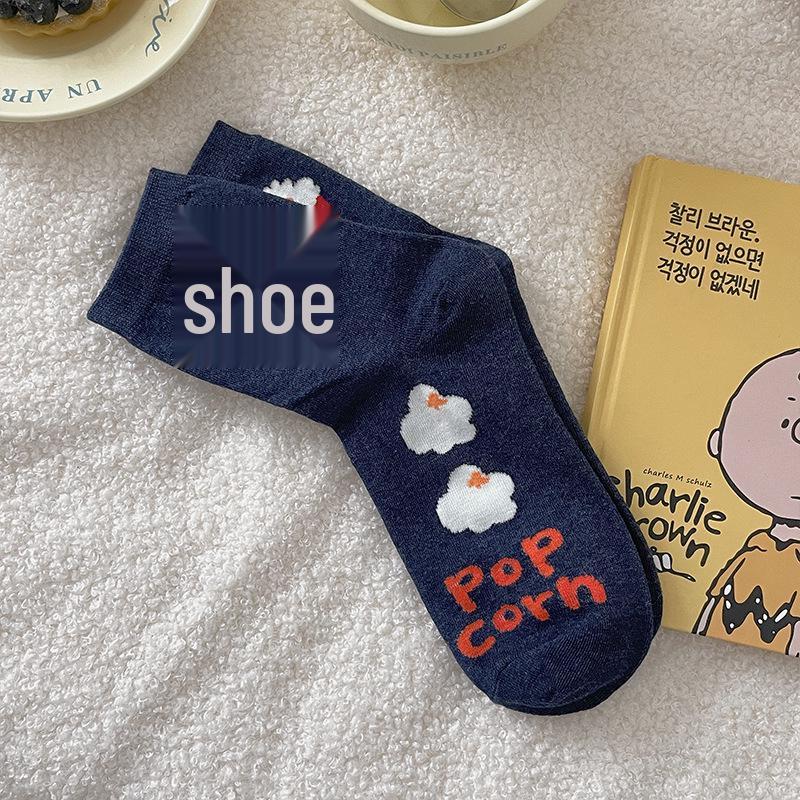 Korean Women's Mid-Calf Socks - Cute Pizza, Cookie, Cheese Biscuit Cartoon Design