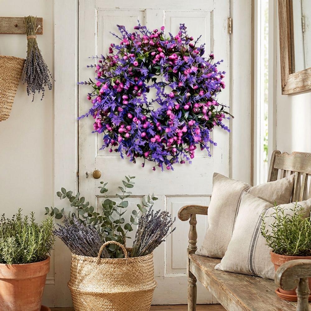 Plastic Artificial Lavender Wreath Simulated Plant Lifelike Door Hanging Wreath Faux Flowers Handmade Front Gate Wreath