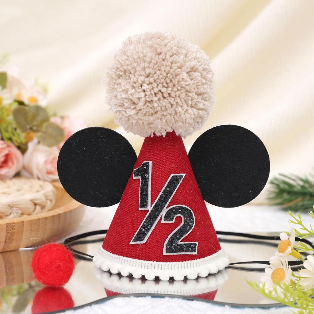 Mouse 1/2 Birthday Hat - Mouse Half Way To One Party Decorations,Mouse Ears Cake Smash Hat,Red Black Mouse Party Hat,6 Months Birthday Photo Props