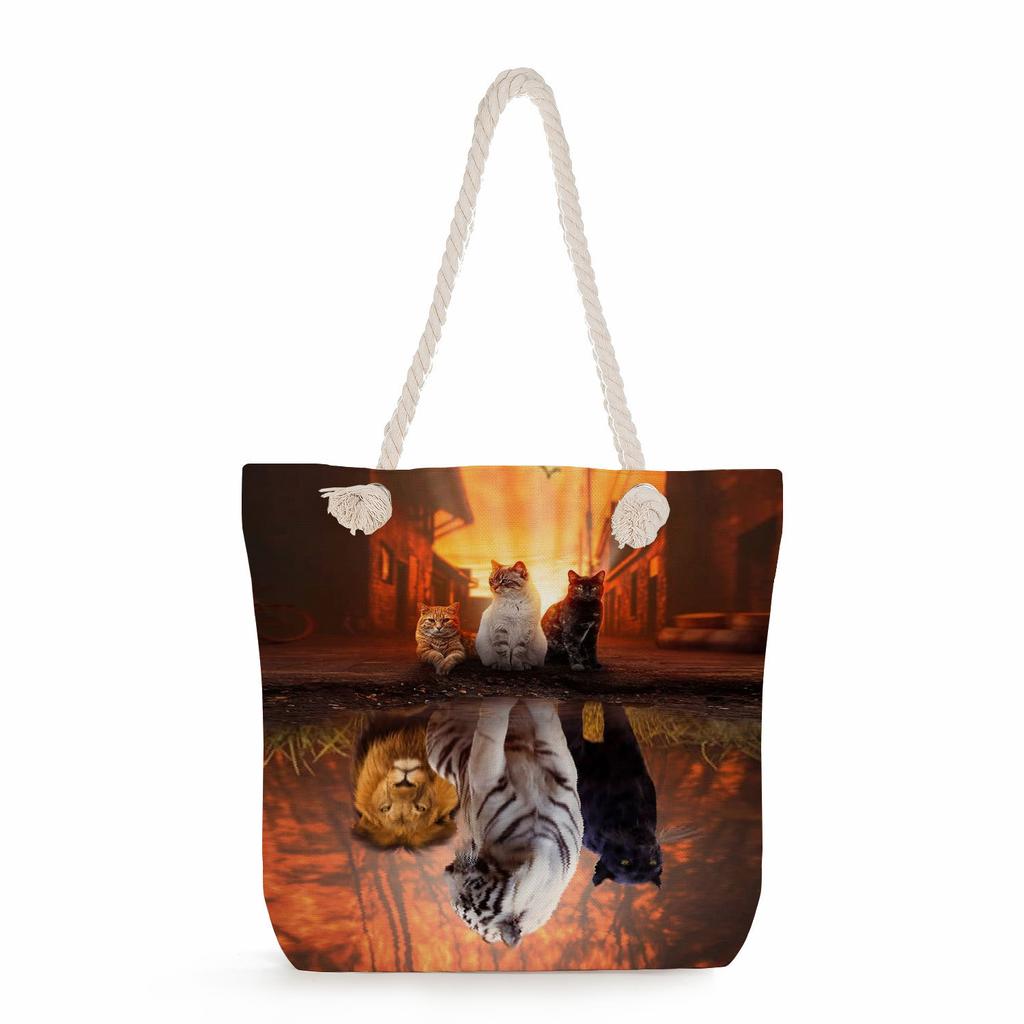 Multifunctional Cute Cat Printed Thick Rope Shoulder Beach Bag Casual Large Capacity Handbag 7608 KTB