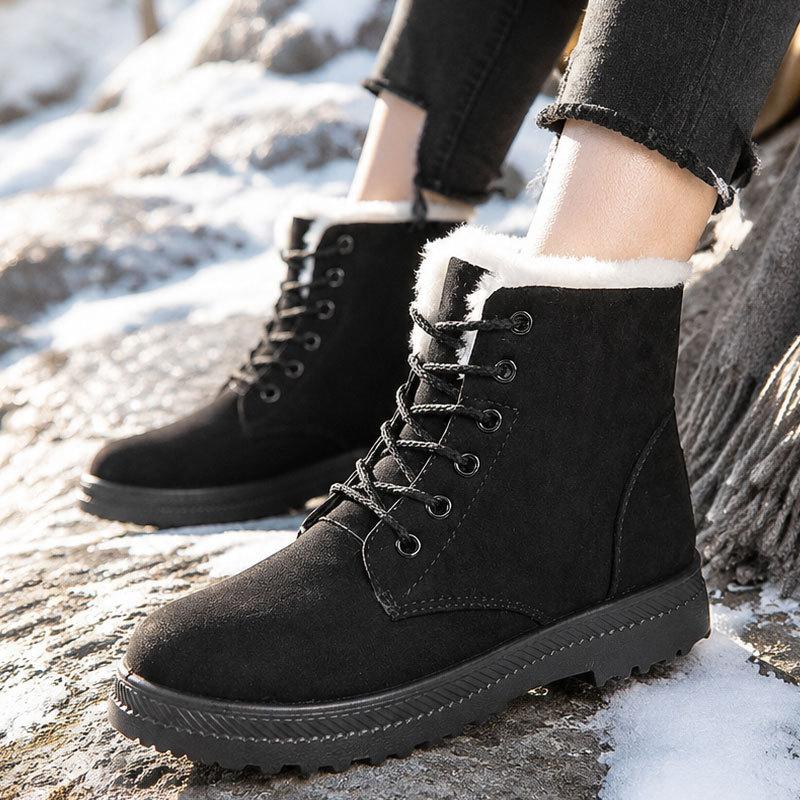 Korean Style High-top Snow Boots for Men and Women, Plus Size, with Velvet Lining and Front Lace-up.