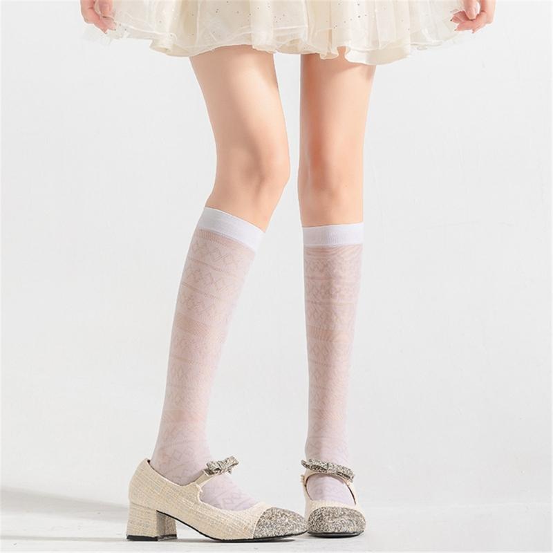 Women Elegant Thin Sheer Solid Color Silk Over Calf Socks Japanese Style Geometric Striped Pattern Knee Length Stockings