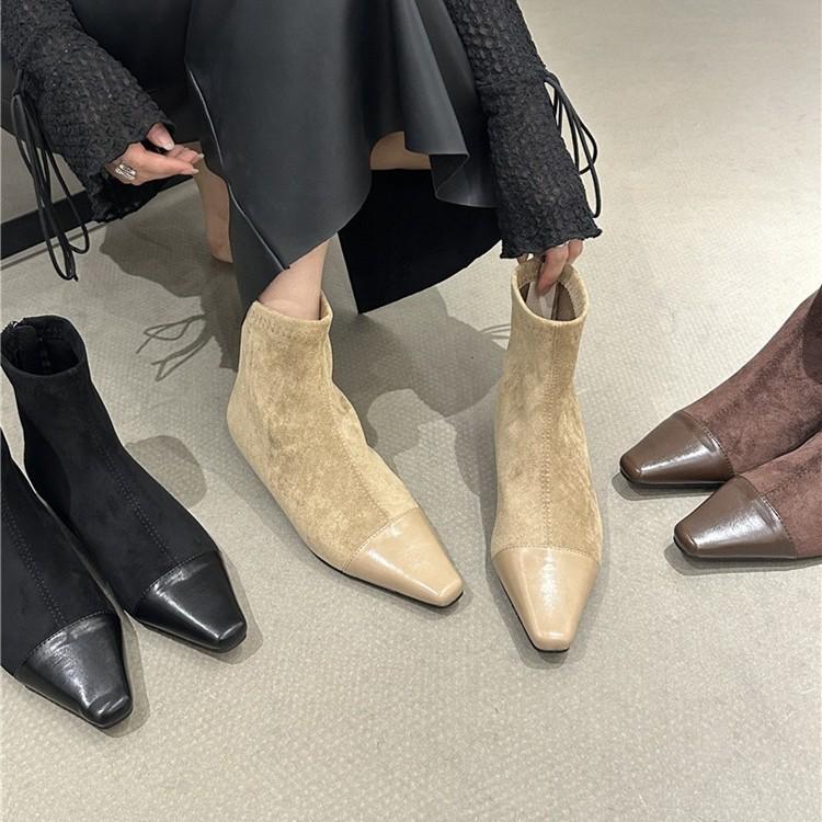 French Splicing Square Head Thick Heel Short Boots Women's 2025 Autumn and Winter New Suede Temperament Medium Heel Thin Boots Socks Boots Women's B