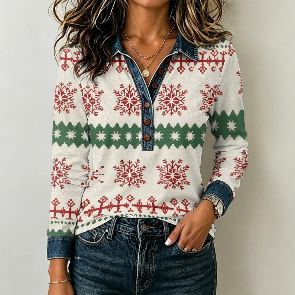 Women's Casual Long Sleeve Top Loose Fit Stylish Color Block Patchwork Shirt Comfortable Everyday Blouse