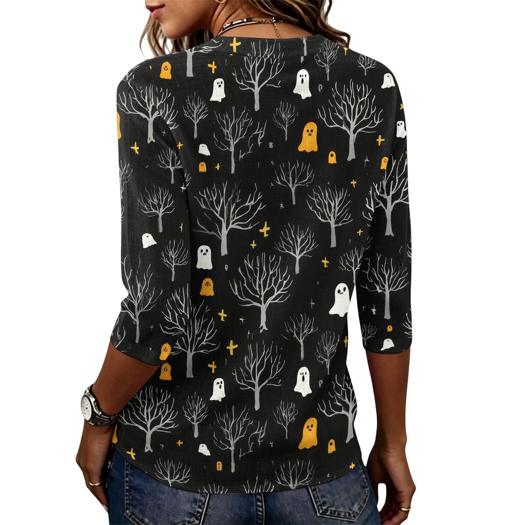 Women Loose Fit Casual Half Sleeve Top Round Neck Lightweight Pullover Blouse with Halloween Ghost Tree Print for Everyday Wear