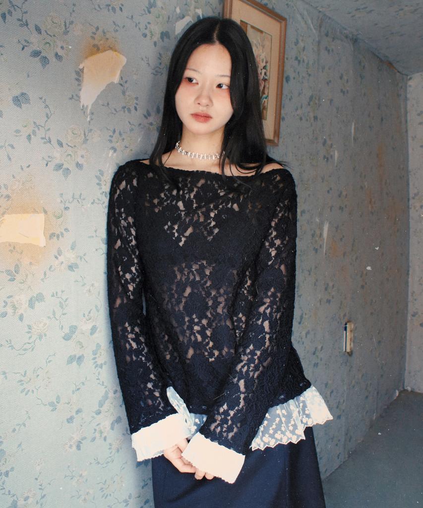 RUBATI Sofia Boat Neck Frill Lace Long Sleeve T-Shirt_Black