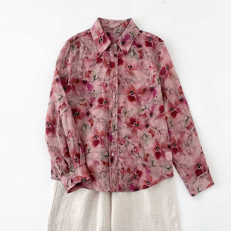 Ink Printed Long Sleeved Shirt Retro Artistic Loose Fit Baita Chinese Style Shirt Top for Women Shirt