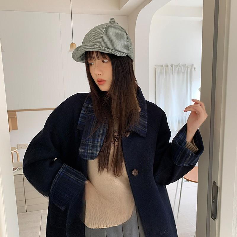 

25 осень-зима новая простая полосатая шапка-облако женская мягкая шапка-топ показывает лицо маленькая шапка художника Head circumference 54-59CM зелёный