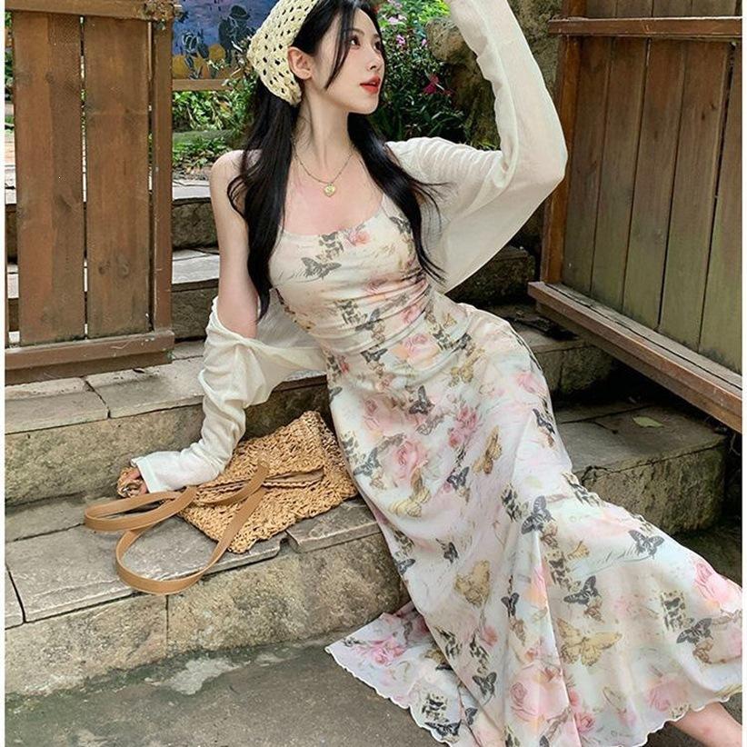 Gentle Wind Suspender Dress Summer Temperament Coffee Break French Floral Niche Design Sense Thin Slim Dress