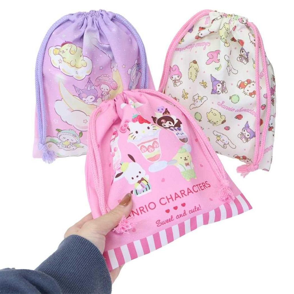 Takanami Create Drawstring Set of Sanrio and Lemon for and Perfect for School Field and Lessons Bags, Small, 3, Characters, Pink, Purple, [140118],